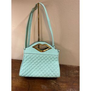 Light Blue Quilted Shoulder Bag with Gold Lip Handle Medium Size​